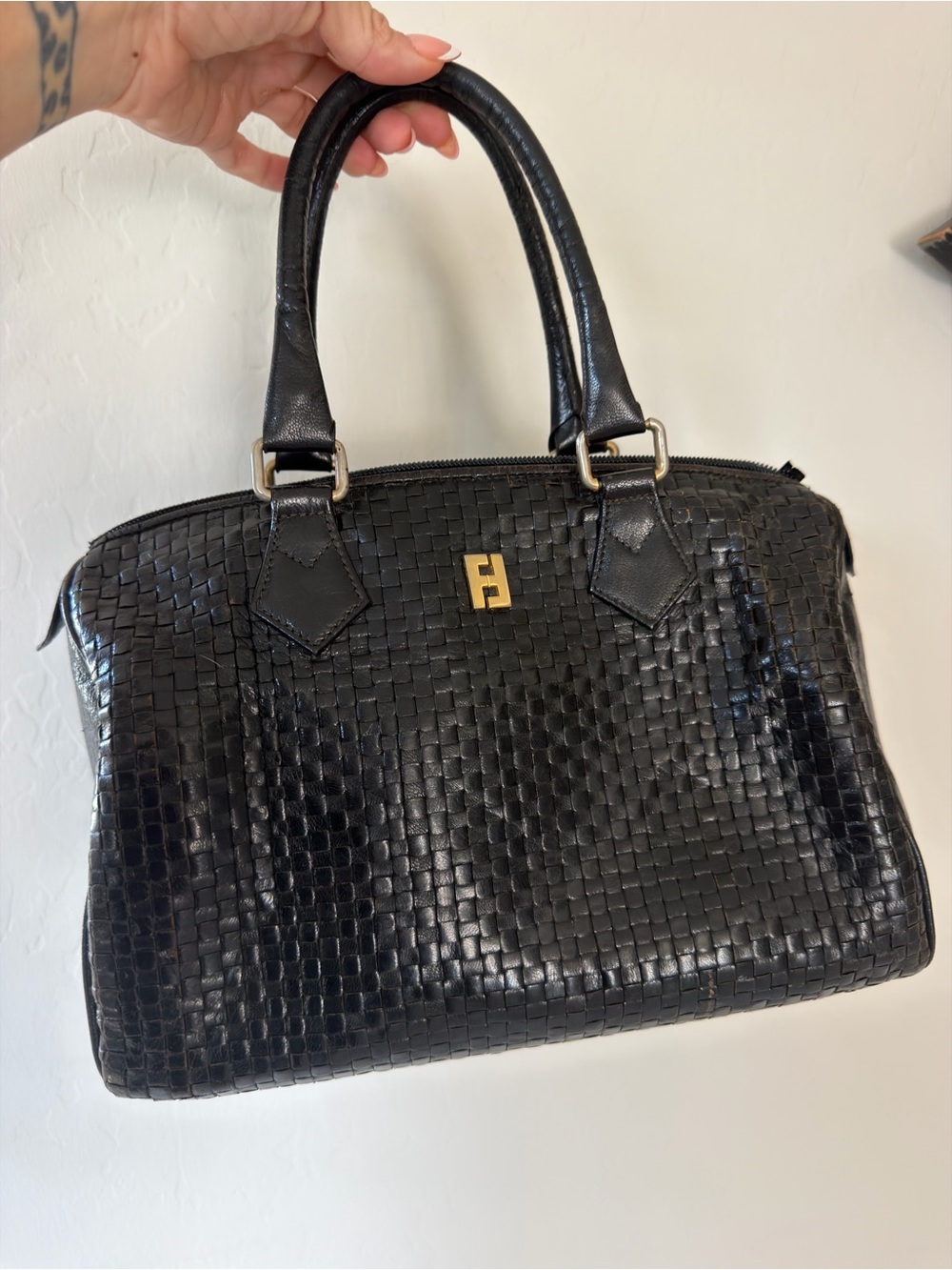 Fendi Black Woven Leather Satchel with Gold Logo
